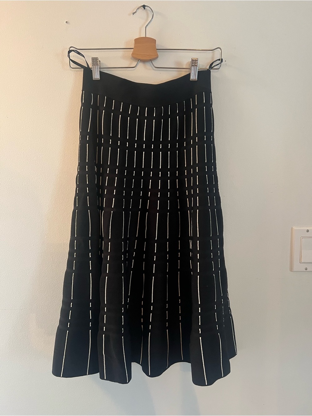 Black Patterned Midi Skirt with White Stripes